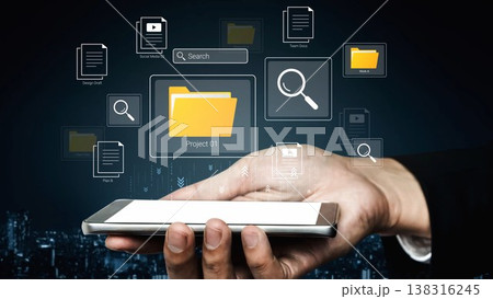 Hand Holding Smartphone Displaying Search Functionality with Digital Files and Icons for Project Management and Data Organization Gluon 138316245