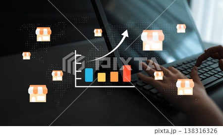 Growth Strategy for E-commerce Visualized with Graph, Laptop, and Online Store Icons on Dark Backgrounds in Modern Workspace Gluon Growth Strategy for E-commerce Visualized with Graph, Laptop, and Online Store Icons on Dark Backgrounds in Modern Workspace Gluon 138316326