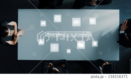 Futuristic Business Meeting with Digital Interface and Search Bar Overhead View of Professionals Collaborating on Technology in Modern Workspace. Raster Futuristic Business Meeting with Digital Interface and Search Bar Overhead View of Professionals Collaborating on Technology in Modern Workspace. Raster 138316371