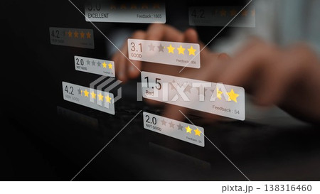 User Interface with Star Ratings and Feedback Scores on Computer Screen Depicting Customer Reviews for Services and Products in the Digital Age Gluon 138316460