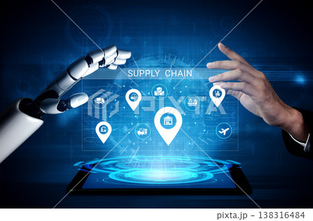 Futuristic Supply Chain Management Concept with Robotic Hand and Human Touch Interacting with Digital Interface and Technology Elements Ledger 138316484