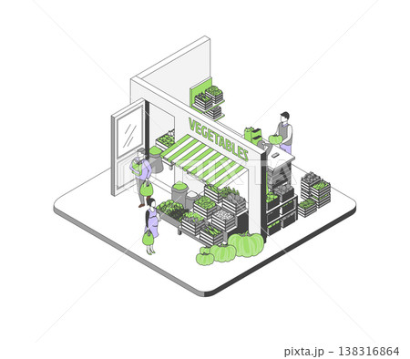Cartoon Color Vegetables and Fruits Store Interior Inside Shop Concept 3d Isometric View Line Elements. Vector illustration Cartoon Color Vegetables and Fruits Store Interior Inside Shop Concept 3d Isometric View Line Elements. Vector illustration 138316864