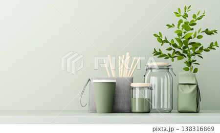 環境に配慮したシンプルなエコ生活用品の配置 環境に配慮したシンプルなエコ生活用品の配置 138316869