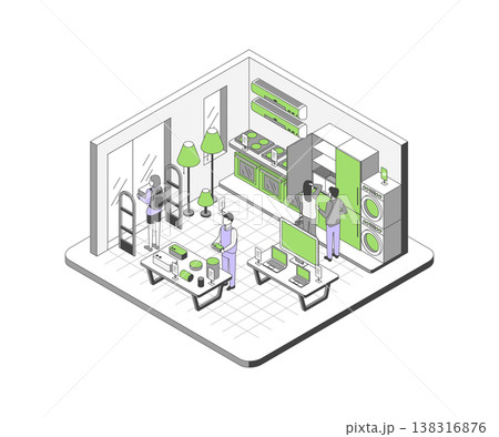 Cartoon Color Household Appliances Store Interior Inside Shop Concept 3d Isometric View Line Elements. Vector illustration Cartoon Color Household Appliances Store Interior Inside Shop Concept 3d Isometric View Line Elements. Vector illustration 138316876