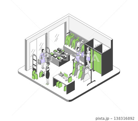 Cartoon Color Clothes Store Interior Inside Shop Concept 3d Isometric View Line Elements. Vector illustration of Casual Clothing 138316892