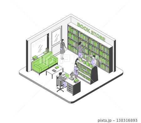 Cartoon Color Book Store Interior Inside Shop Concept 3d Isometric View Line Elements. Vector illustration of Bookstore 138316893