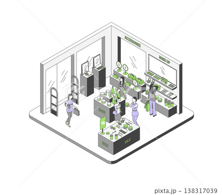 Cartoon Color Cosmetics Store Interior Inside Shop Concept 3d Isometric View Line Elements. Vector illustration of Different Beauty Products 138317039