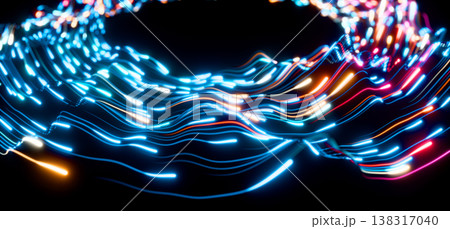 Neon light radial circle lines pattern in perspective. 3D vibrant yellow, red and turquoise circular electric waves with glowing energy particles, halo ring effect on black background. 3D illustration Neon light radial circle lines pattern in perspective. 3D vibrant yellow, red and turquoise circular electric waves with glowing energy particles, halo ring effect on black background. 3D illustration 138317040