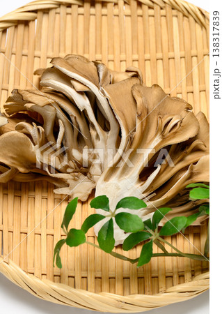 白背景の竹ざるにのせた舞茸 138317839