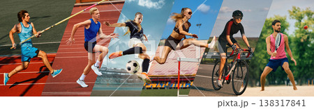 Composition of multiple athletes in motion across outdoor locations. Banner Composition of multiple athletes in motion across outdoor locations. Banner 138317841
