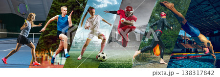 Dynamic collage with athletes performing in outdoor environments. Banner 138317842