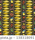 Sardines fish striped seamless pattern. Vector hand drawn Mediterranean seafood, wine, tomatoes, pepper, lemon, olives. 138318091