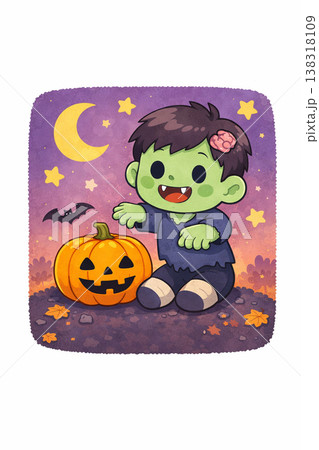 かわいいゾンビとカボチャのハロウィンイラスト（文字なし・ポップ） 138318109