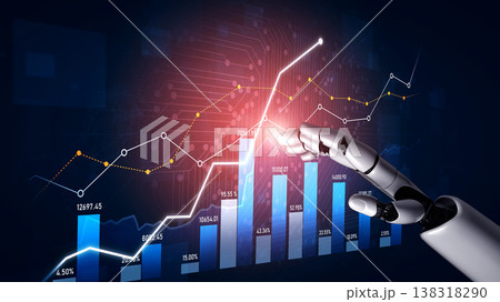 Futuristic Robot Hand Reaching Out to Digital Chart Displaying Upward Trend in Data Visualization and Financial Growth Analysis Scalp 138318290