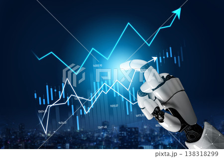 Futuristic Robot Hand Interacting with Digital Financial Growth Charts, Representing Technology and Innovation in Data Analysis and Stock Market Trends Scalp Futuristic Robot Hand Interacting with Digital Financial Growth Charts, Representing Technology and Innovation in Data Analysis and Stock Market Trends Scalp 138318299