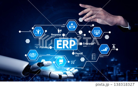 Human and robot collaboration in enterprise resource planning ERP showcasing technology integration and automation for modern business solutions. Tessel 138318327