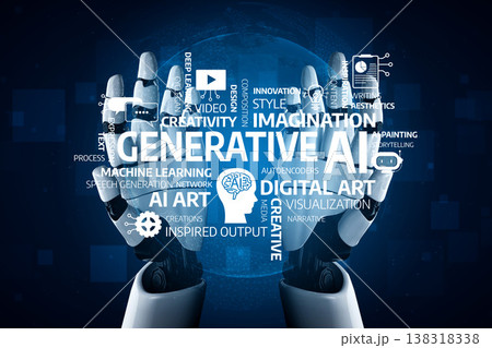 Hands of a humanoid robot holding digital concepts of generative AI, creativity, innovation, digital art, imagining the future of artificial intelligence technology. Tessel 138318338