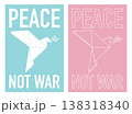 Set of PEACE NOT WAR calligraphy and origami dove with olive leaf minimalist style on light blue and pink vertical background 138318340