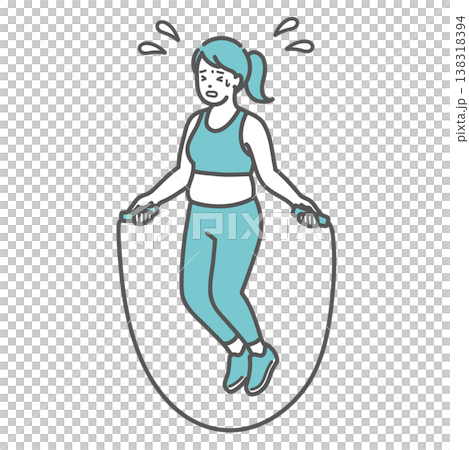 一幅描繪一位身材豐滿的女子努力跳繩的插圖。 138318394