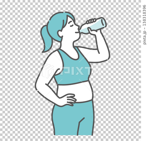 An illustration of a chubby woman in sportswear smiling and drinking water. An illustration of a chubby woman in sportswear smiling and drinking water. 138318396