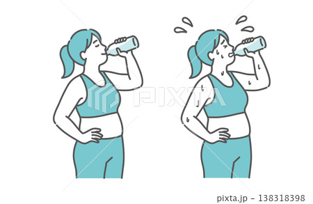 水分補給をするぽっちゃり女性の笑顔と汗だくな表情の比較セットイラスト 138318398