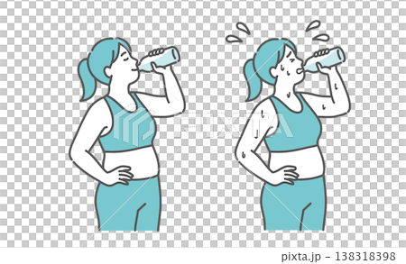 水分補給をするぽっちゃり女性の笑顔と汗だくな表情の比較セットイラスト 138318398