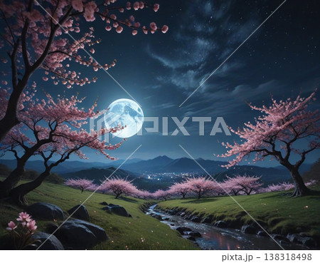 満月と桜のある風景 138318498