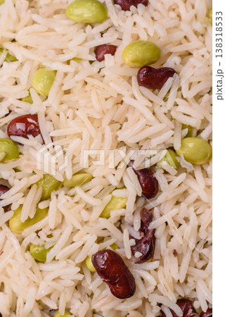 Asian food with rice, edamame, carrots, tofu, and spices. Rice with edamame Asian food with rice, edamame, carrots, tofu, and spices. Rice with edamame 138318533
