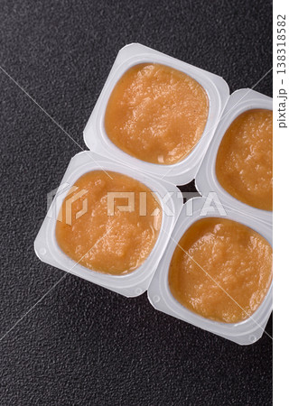 Apple sweet sauce, baby food, canned ingredient for desserts. Apple sauce Apple sweet sauce, baby food, canned ingredient for desserts. Apple sauce 138318582