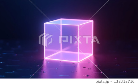 Transparent Neon Cube Reflection Futuristic Digital Background 138318716