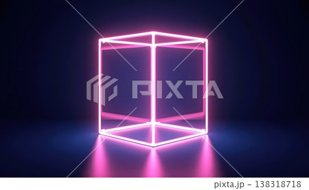 Metallic Floor Reflection With Glowing Glass Cube Design 138318718