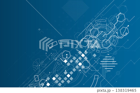 Technological background with various white elements in a drawing style on a blue background. 138319465