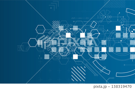 Technological background with various white elements in a drawing style on a blue background. 138319470