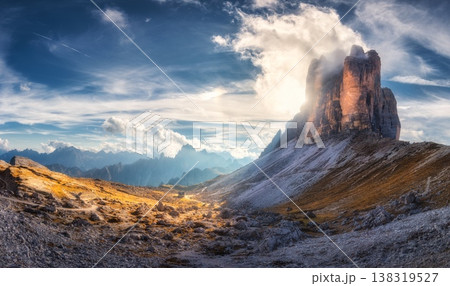 Mountain pass and blue sky with clouds at sunset in autumn Mountain pass and blue sky with clouds at sunset in autumn 138319527