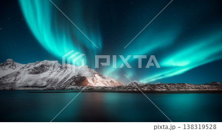 Aurora borealis over the snowy mountains, sea coast at night Aurora borealis over the snowy mountains, sea coast at night 138319528