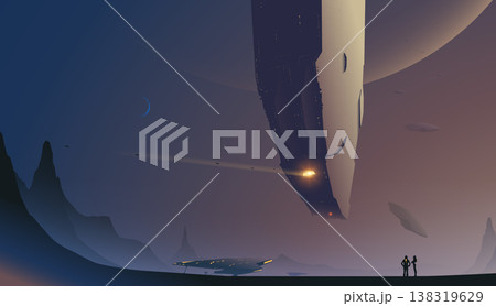 Massive mothership deploying smaller exploration crafts on alien planet (Vector). 138319629