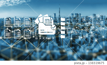 Digital Document Management Concept with Secure Data Transfer and Cloud Storage Over Urban Cityscape Background Ledger Digital Document Management Concept with Secure Data Transfer and Cloud Storage Over Urban Cityscape Background Ledger 138319675