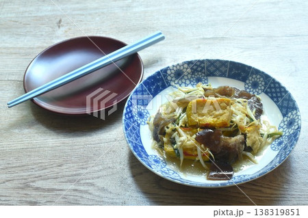 fried bean sprout with slice yellow tofu and black ear mushroom Chinese vegetarian food on plate 138319851