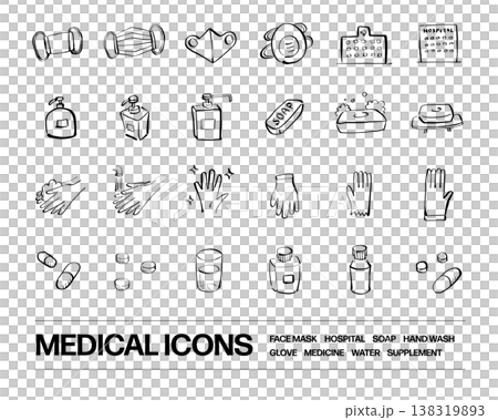 A set of medical and health icons including masks, hospitals, soap, and medicine. A set of medical and health icons including masks, hospitals, soap, and medicine. 138319893