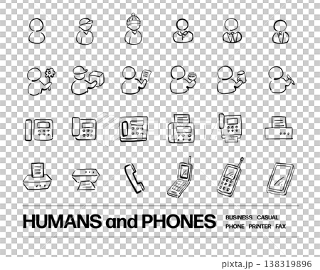 人間、配達員、電話、受話器、携帯電話などの手書きアイコンセット 138319896