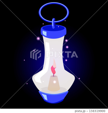 A curved glass lantern with a burning candle, glow, and sparks, on a black isolated background. 138319900