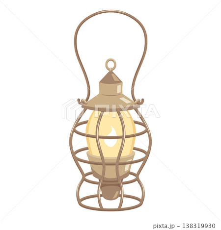 Vintage lantern with burning candle, vector cartoon antique hanging lighting device, medieval kerosene lamp Vintage lantern with burning candle, vector cartoon antique hanging lighting device, medieval kerosene lamp 138319930