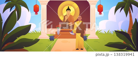 Thai Monk in traditional robe standing near the Buddhist temple with altar worshiping Buddha vector flat illustration Thai Monk in traditional robe standing near the Buddhist temple with altar worshiping Buddha vector flat illustration 138319941