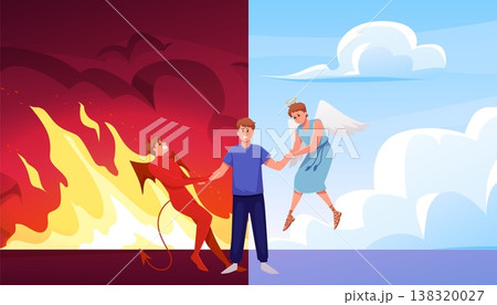 Confused man devil and angel pulling hands in different directions, fire flame or blue sky, right or wrong vector flat 138320027