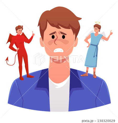 A sad man with an angel and a devil on his shoulders, choosing between good and evil. A sad man with an angel and a devil on his shoulders, choosing between good and evil. 138320029