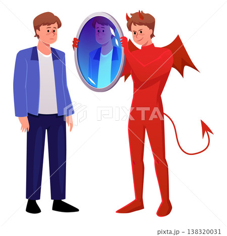 A devil in a red suit with horns, a tail, and wings holds a mirror in front of a sad man in a suit. 138320031