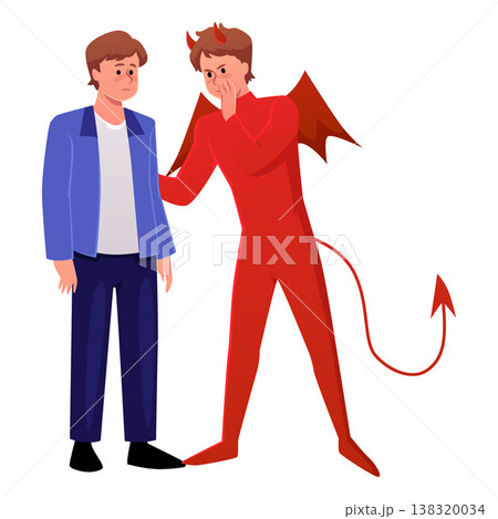 Man decide or think with harmful devil, wrong ethical decision, evil human incitement, vector flat temptation scene 138320034