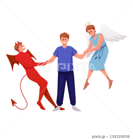 A sad man between an angel and a demon, both pulling his hands. A sad man between an angel and a demon, both pulling his hands. 138320036