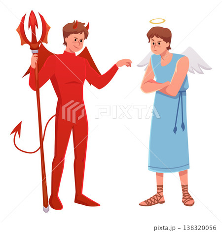 Cute devil and angel characters, conflict between good and evil. 138320056