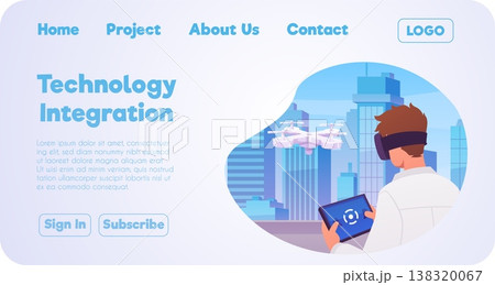 Technology integration landing page vector flat design, man drone operator using UAV quadcopter joystick on cityscape 138320067